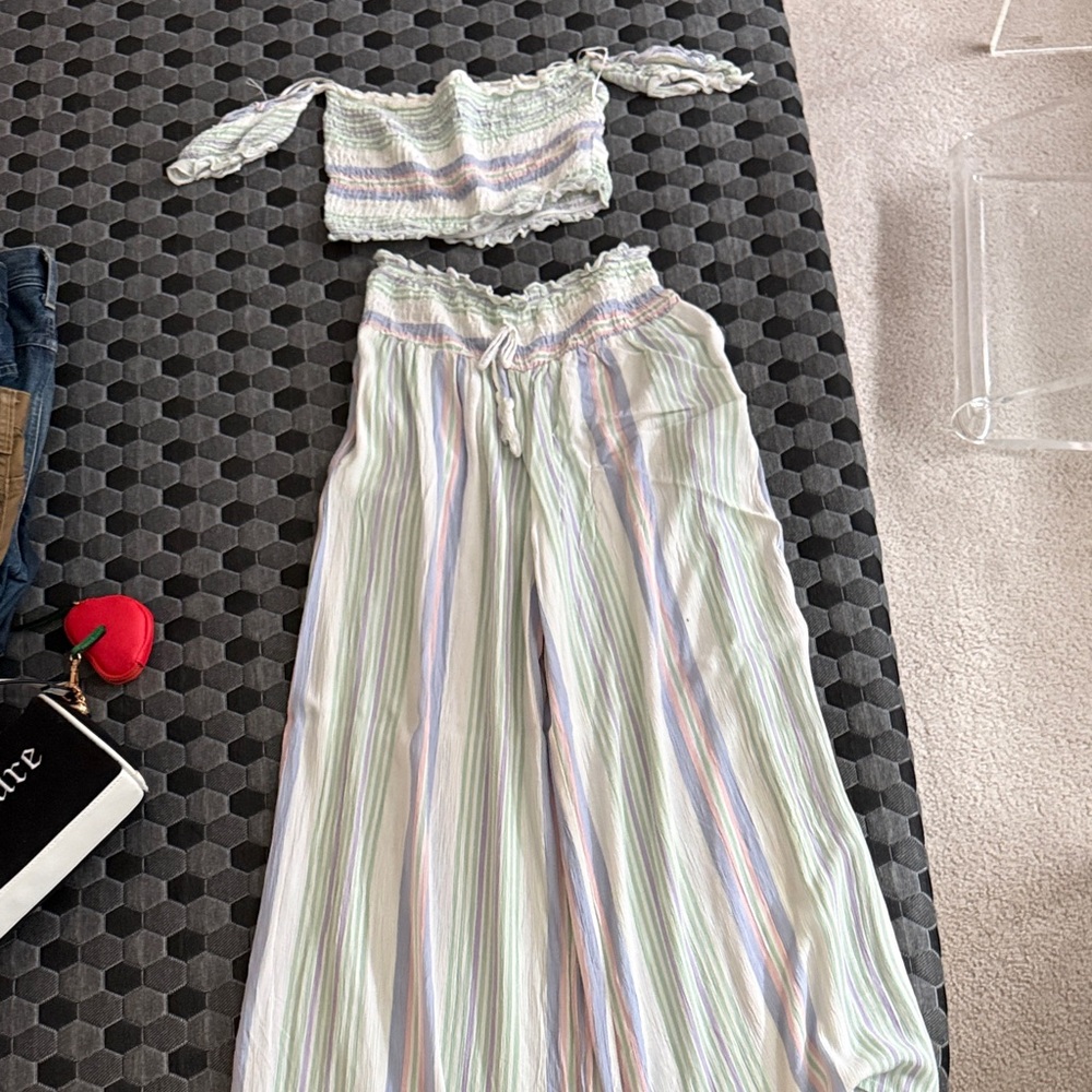 Striped Off-Shoulder Top and Pants Set